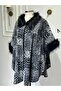 Gray Patterned Women's Poncho with Fur Detail on the Collar and Sleeves - 4