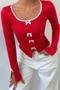 Bow Long Sleeve Colorful Bow Corded Fabric Slit Red Crop Blouse - 3