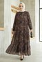 Women's Inner Ş Fleece-Lined Brown Patterned Chiffon Dress - 5