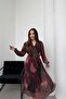 Women's burgundy pleated double-breasted collared belted chiffon dress DPELB03 - 5