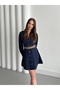 Navy Blue Gold Button Belted Dress - 250367