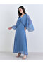 Women Blue Pleated Cape Sleeve Maxi Dress - 2