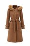 Gingham Textured Detachable Fur Hooded Belted Cashmere Coat