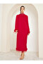 Women Red Embellished High Neck Shift Midi Dress - 3