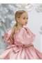 Girls Pink Satin Puff Sleeve Faux Pearls Detail Dress