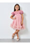 Girls Pink Sequin Puff Sleeve Ruffles Hem Dress