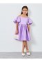 Girls Purple Satin Puff Sleeve Faux Pearls Detail Dress