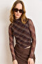 Women's Brown Plaid Lined Mock Neck Blouse Blz-19003197 - 5