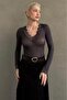 Charcoal V-Neck Sheer Lace Women's Blouse MG2662