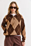 Women's Brown Polo Neck Diamond Pattern Knit Sweater Kzk-19001127 - 5