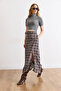 Women's Gray Belt Detailed Pocketed Slit Polyviscon Flowy Skirt Etk-19000387 - 4