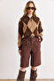 Women's Brown Pocketed Belted Pleated Bermuda Shorts Shrt-19000084 - 3