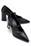 Black Leather Heeled Women's Shoes with Gold Buckle