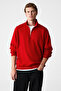 Velvety men's cotton fleece-lined d Mock Neck zip-up long sleeve regular fit red sweatshirt - 2