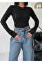 Women's Crew Neck Black Basic Slip-On Stretchy Body Cotton Finger Detail Blouse - 3