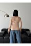 Women's Crew Neck Basic Beige Slip-On Stretchy Body Cotton Finger Detail Blouse - 4
