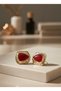 Damla Form Organic Framed Burgundy Stone Gold Color Women's Earrings - 4