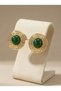 Gold Color Round Shape Green Stone Detailed Textured Women's Earrings I Special Boxed - 2