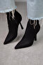 Black Suede Stretch Boots for Women with Slim Stiletto Heel, Side-Zip Closure, Comfortable Everyday 9 cm Heeled Boots