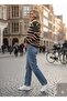 Striped Buttoned Polo Neck Women's Khaki Color Knitwear Sweater - 2
