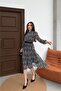 Women's Grey Collar Tie Detail Small Print Chiffon Lining Dress Dpelb05 - 3