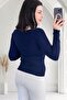 Women's Navy Blue Heart Collar Corded Fabric Knitwear Sweater - 3