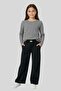Girls' Striped Combed Cotton Suit - Relaxed Fit Black Pants Set