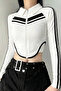 Zippered White Polo Collar Striped Asymmetrical Long Sleeve Cropped Blouse
