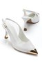 Women's White Patent Leather Gold Toe Detailed Special Design Thin Heeled Shoes - 3