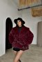 Women's Burgundy Pocket Lined Oversized Fur Jacket Mlb135 - 3