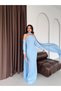 Baby Blue Pearl Detailed Scarf Evening Dress with False Sleeves - 3