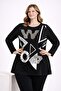 Women's Plus Size Black, Print and Stone Detailed Viscose Long Sleeve Blouse 65N39343 - 3