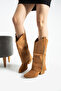 Diva Tan Suede 6 cm Heeled Boots with Zipper Detail and Dust Cover - 4