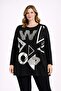 Women's Plus Size Black, Print and Stone Detailed Viscose Long Sleeve Blouse 65N39343
