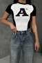 Ar Printed White Sleeve Detailed Crop T-Shirt - 3