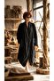 Women's Black Boucle Long Parachute Fabric Buttoned Coat