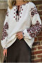 Women's White-Collared Tasseled Balloon Sleeve Embroidered Cotton Blouse - 3