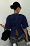 Women's Navy Blue Short Sleeve Backless Slim Fit Blouse/T-Shirt - 4