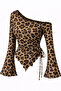 Leopard Long Sleeve Asymmetrical Neck Draped Side Tie Transitional Blouse Top - 5