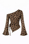 Leopard Long Sleeve Asymmetrical Neck Draped Side Tie Transitional Blouse Top - 6