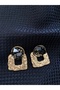 Black Stone Detailed Textured Gold Earrings