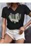Graphic Heart Printed Women's Oversize V-Neck T-Shirt