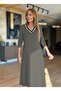Women's Long Sleeve V-Neck Midi Length Green Modal Dress - 2
