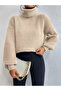 Women's Beige High-Neck Oversize Knitwear Sweater Ribbed Draped Soft Textured Cotton Turtleneck - 6