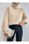 Women's Beige High-Neck Oversize Knitwear Sweater Ribbed Draped Soft Textured Cotton Turtleneck - 4