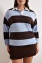 Kahverengi Çizgili Büyük Beden Örme Sweatshirt TBBAW26AO00050 - 3