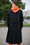 Black Front Buttoned Sleeve Trench Coat with Fence - 5