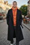 Black Front Buttoned Sleeve Trench Coat with Fence - 3
