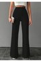 Women's Black Ribbed Wide-Leg Shirred Trousers Regular Waist Casual & Stylish Design - 6