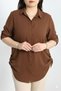 Women's Plus Size Coffee Solid Color Sleeve and Side Fold Woven Viscose Shirt
